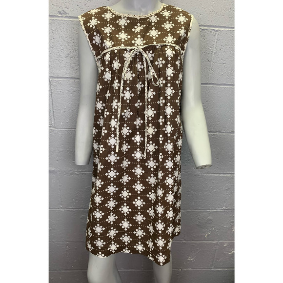 Vtg 70s Milly of New York Brown White Geometric Mini Dress Keyhole Back Bow SM - Picture 6 of 10